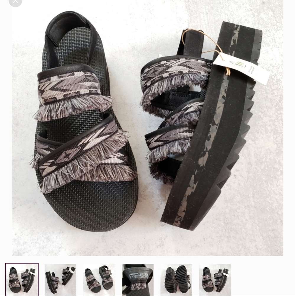 TEVA Flatform Ceres Double Diamond Black Fringe Sandal SZ 9